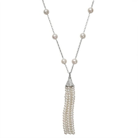 7-8mm Cultured Freshwater Pearl and CZ Sterling Silver Tassel Tin Cup Necklace, 36