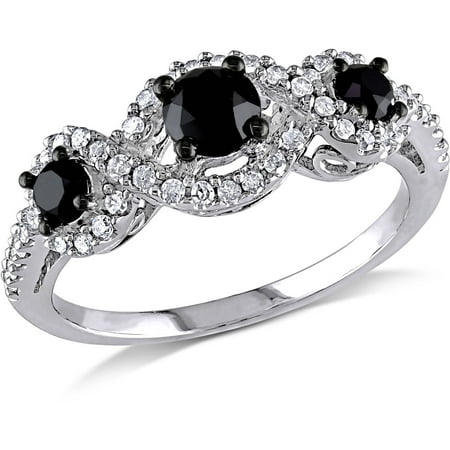 1 Carat T.W. Black and White Diamond 10kt White Gold Three Stone Engagement Ring