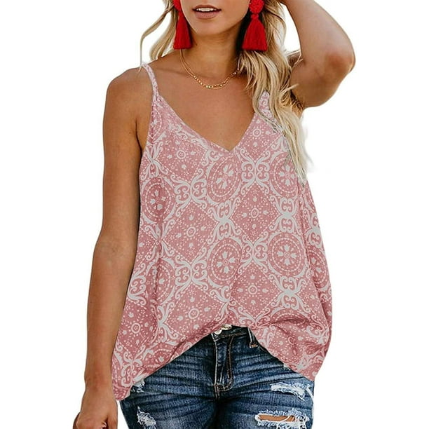 Blusa sin mangas de verano con tirantes finos y escote en V con estampado floral estilo bohemio para mujer