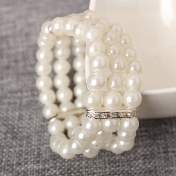 SmartBy 3-Row Faux Pearl Bracelet Women Retro Wrist Bracelet Ladies Rhinestone Stretch Bracelet with Elastic Chain Jewelry for Parties Weddings Daily Wear