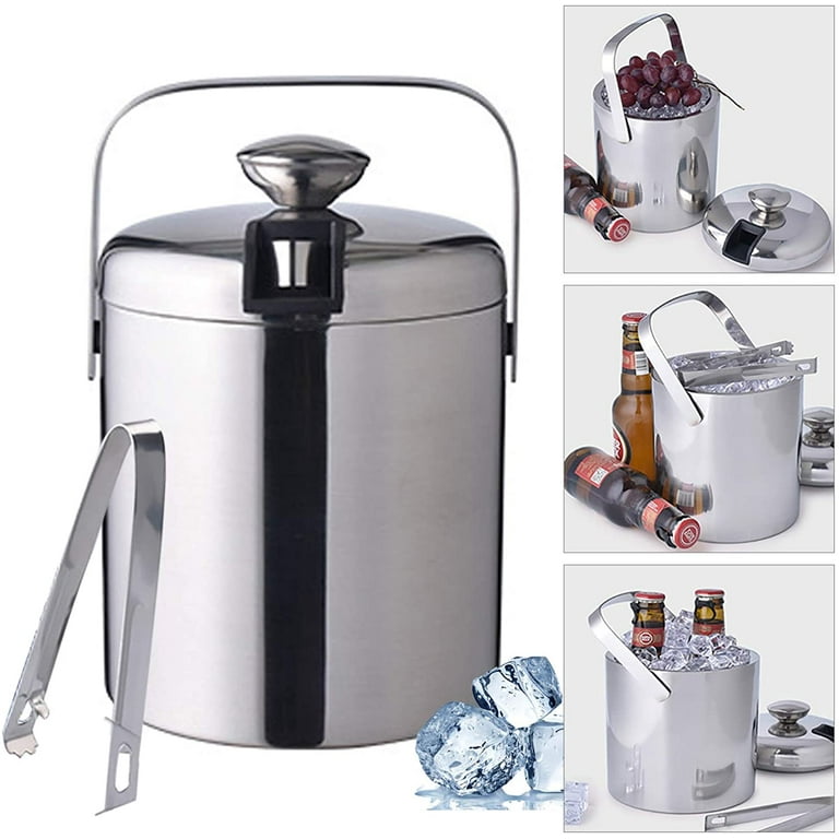Tfcfl Double Layer Stainless Steel Ice Bucket Ice Cube Container w/ Ice Tongs + Lid, Size: One size, Silver