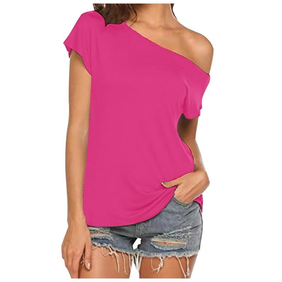 Bjutir Ladies Tops Casual Off Shoulder Solid Color Irregular Top Women Summer Short Sleeve T Shirt Hot Pink L