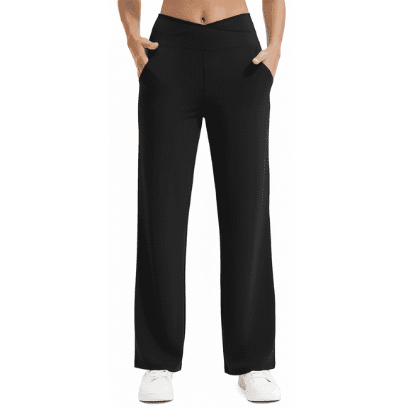 Womens Yoga Pants Wide Leg Pants Work Lounge Pants Crossover High Waisted Loose Casual with Pockets
