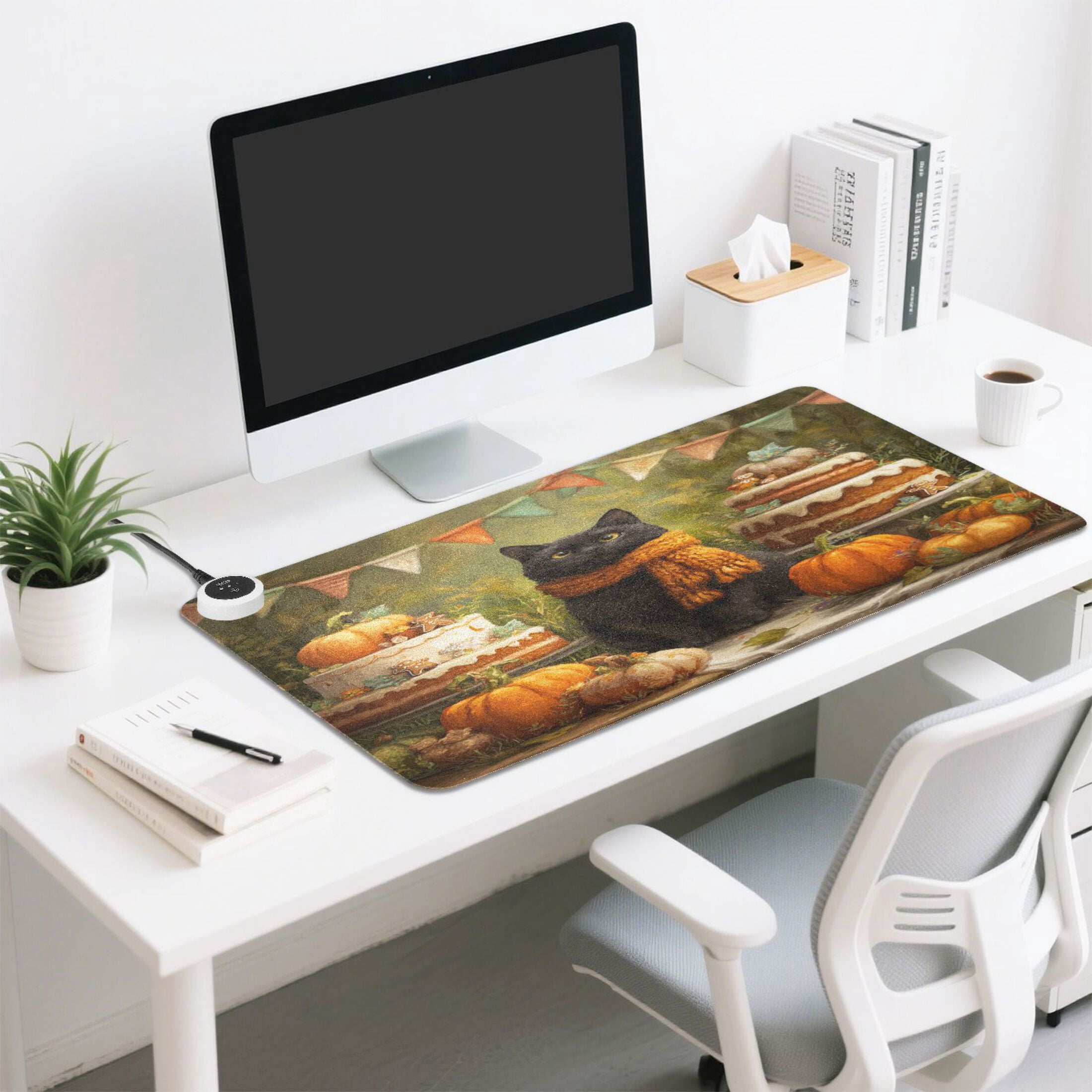 Large Heated Desk Mat Mouse Pad 31.5"x13"PU Leather Graphene Heating Desk Warmer with 3 Temperature Settings 110V US Plug Non-Slip Warm Pad for Home, Office, and Gaming Black Cat Halloween Party