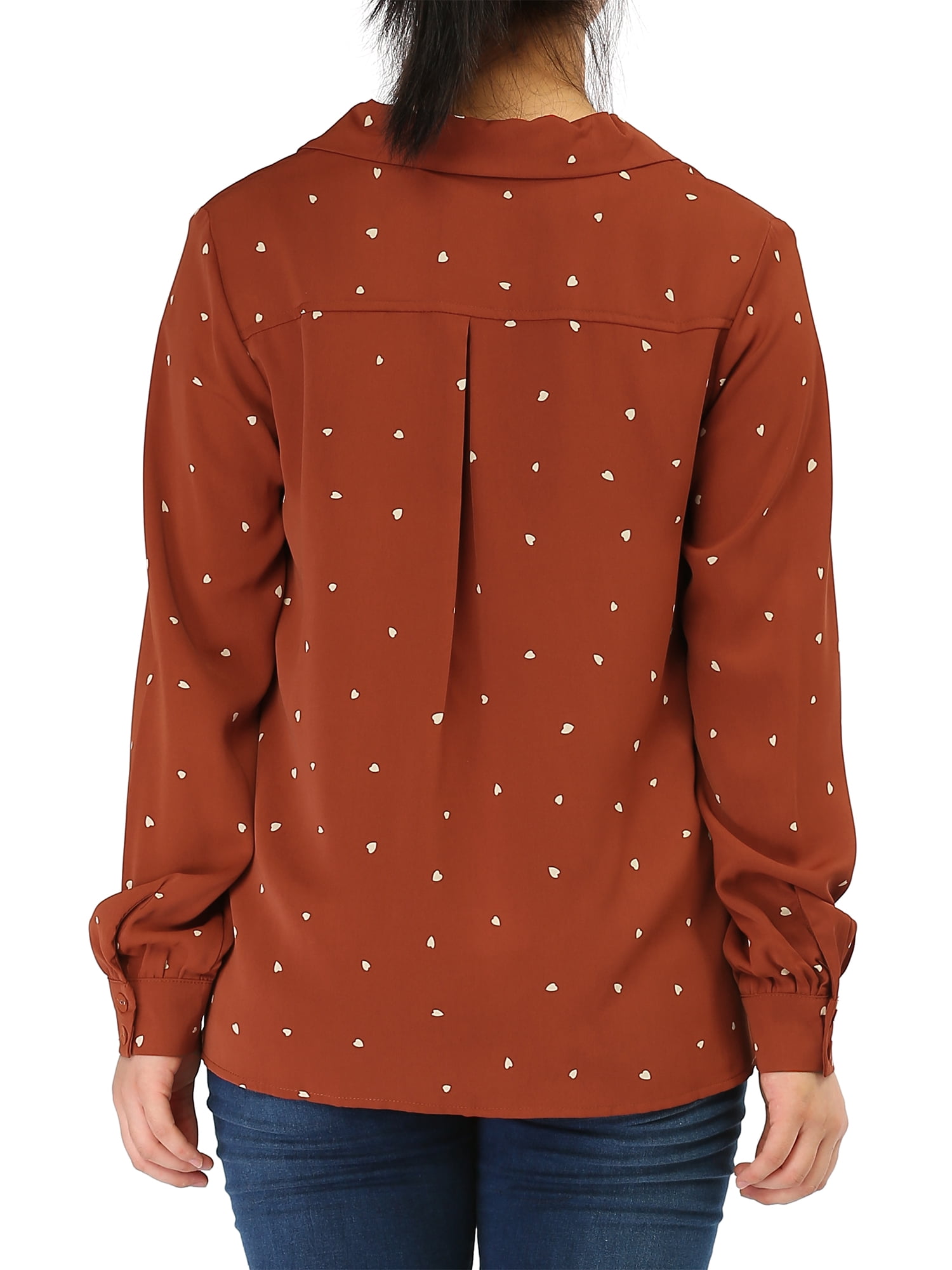 DARING DIVA Women's Notched Lapel V Neck Heart Polka Dots Shirt S Brown Red
