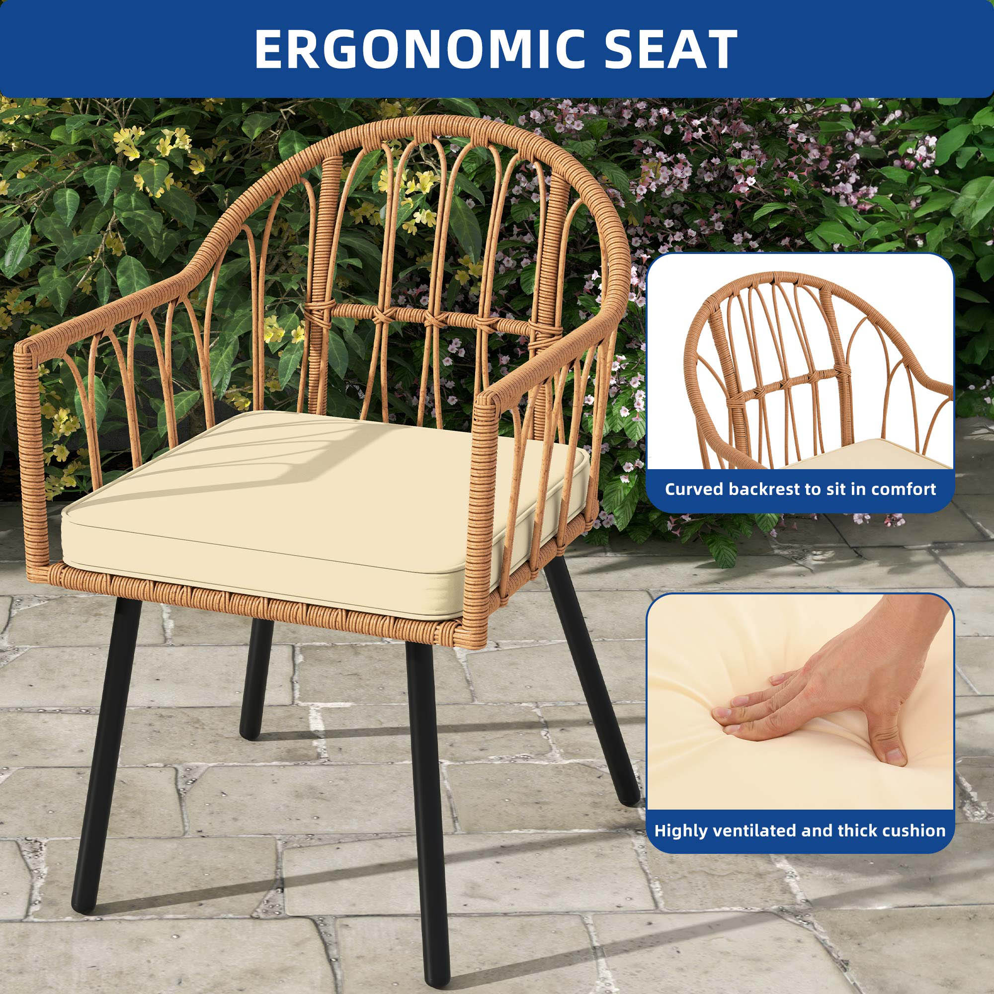 Uforic 7 Pieces Outdoor Patio Dining Table Set, 6 Rattan Wicker Dining Chair and Rectangular Dining Table with Umbrella Hole for Garden, Lawn,Patios, Backyard