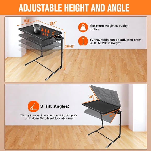 TV Tray Table Set of 2 with Cup Holder, Adjustable Height & Tilt Angles Folding Dining Table for Bed Sofa Couch