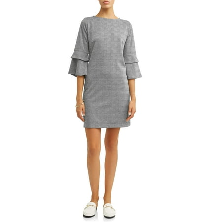 Batwing Knitted Dress - MIK Women's Plaid Knit Dress with Ruffle Sleeves