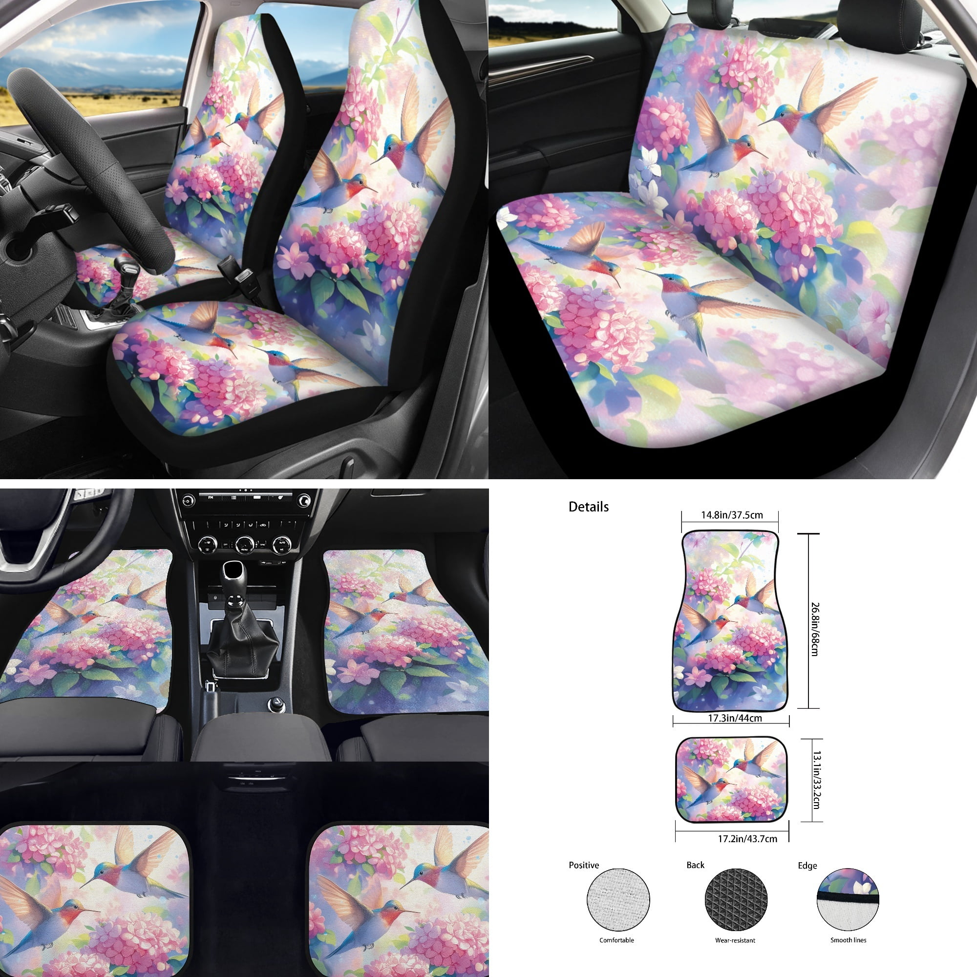 Jeiento Hummingbird Auto Interior Accessories Set, 17 Piece Front and Rear Car Seat Covers Full Set with Seat Belt Pads Armrest Cover Steering Wheel Cover Hydrangea Floor Mats
