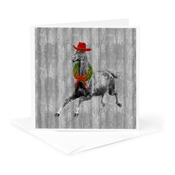 3dRose, Western Barnwood Themed Wild Vintage Horse with Holiday Wreath, 1 Greeting Card with envelope