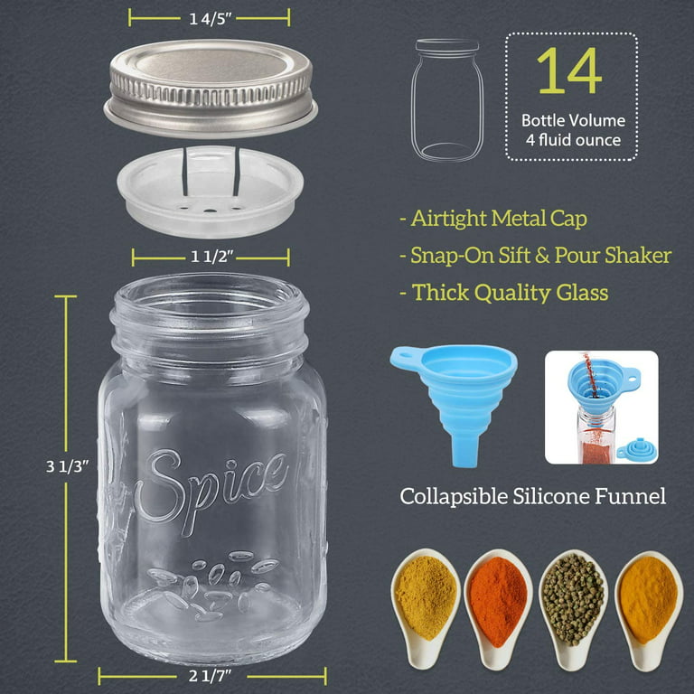 14 Pcs Glass Mason Spice Jars with Spice Labels 4oz Empty Spice Bottles  Shaker Lids and Airtight Metal Caps Chalk Marker and Collapsible Funnel  Included For Herbs & Spices Jelly DIY 