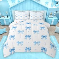 Homewish Princess Blue Bowknot Bedding Comforter Set for Kids, Cartoon Watercolor Ribbon Twin Comforter Sets, Bow-tie Theme Reversible Bedding Set, Lightweight Room Decor, 2pcs