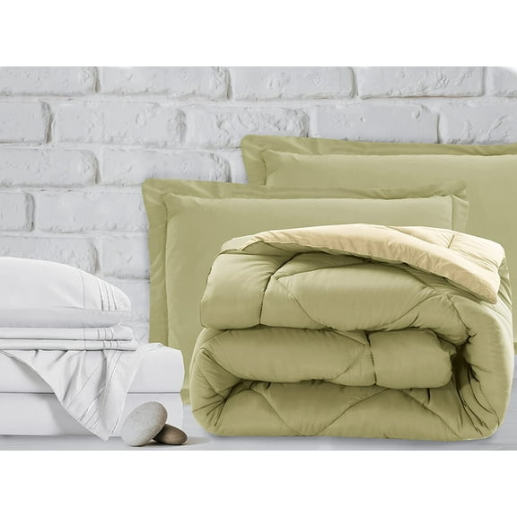 Mocassi 7-Piece Bed-in-a-Bag Comforter & Sheet Set 7-Piece RV SHORT Size Bed-in-a-Bag, Super Cozy Bed Sheets and Comforter Set, Wrinkle and Stain Resistant, Sage/Cream
