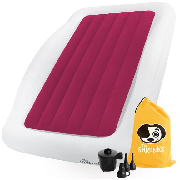 The Shrunks Toddler Travel Bed Portable Inflatable Air Mattress Blow Up Bed for Indoor/Outdoor Camping, Backyard, Hotel, or Home Use Kids Floor Bed with Security Bed Rails and Electric Pump Pink