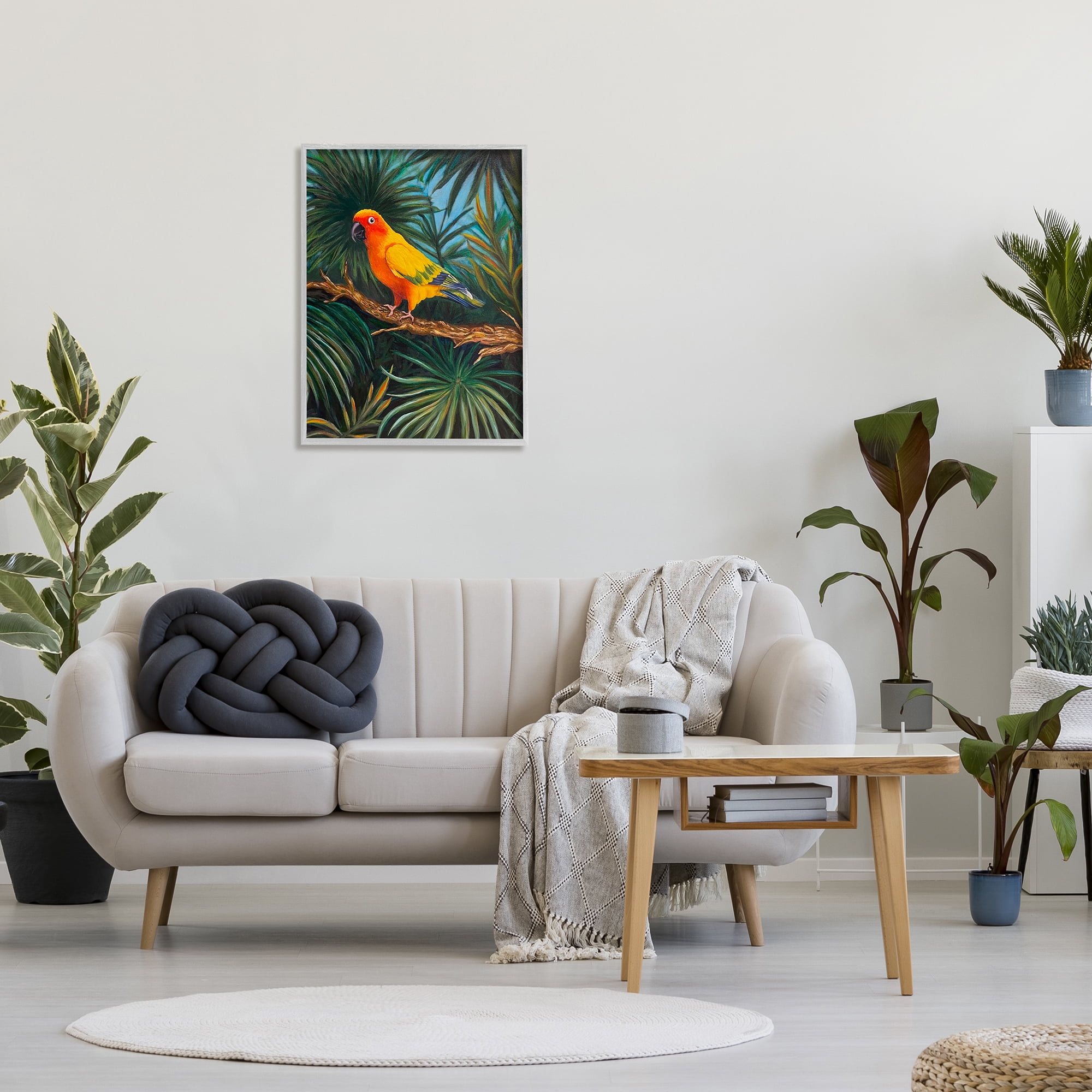 Stupell Industries Parrot in Tropical Trees Animals & Insects Painting Gray Framed Art Print Wall Art, 24 x 30