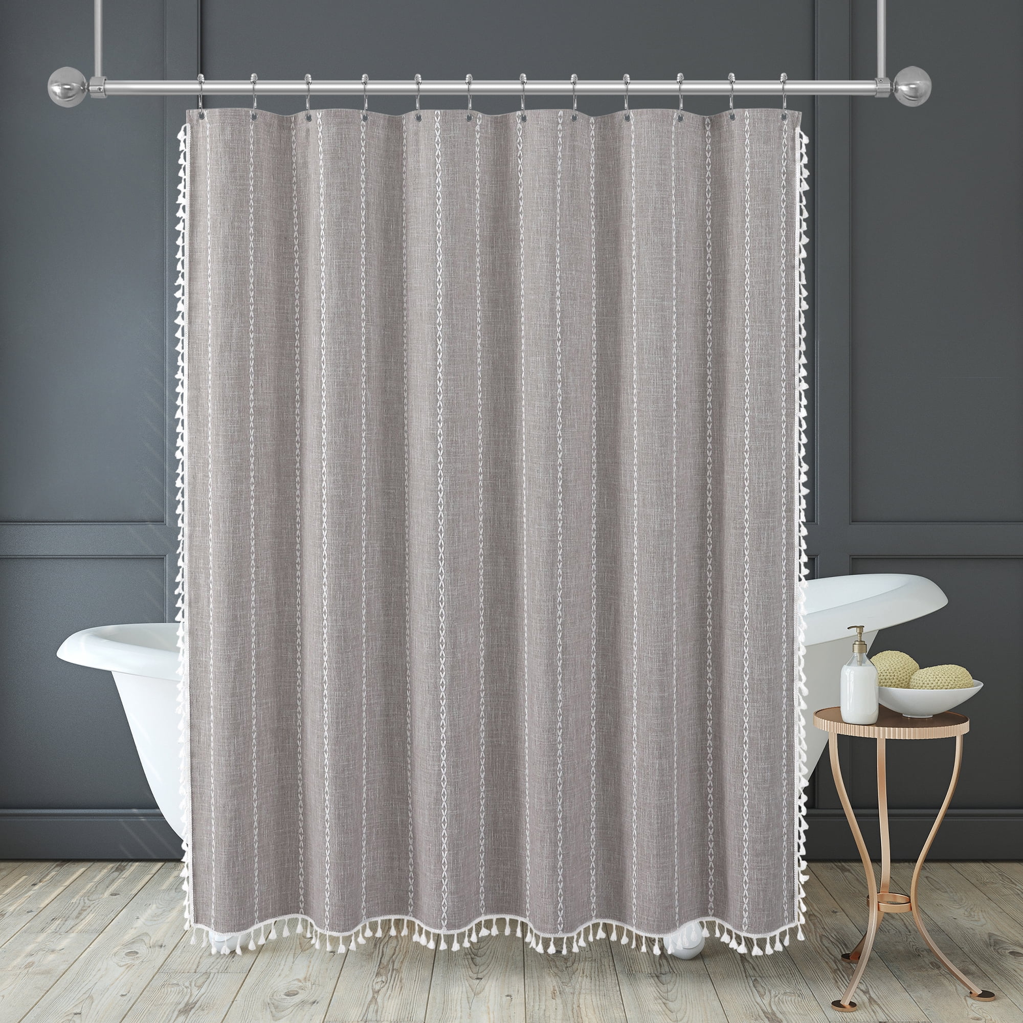 Americanflat 71x71 Woven Linen Gray Shower Curtain with Tassel Accents - Includes 12 Grommets and Hooks - 100% Polyester