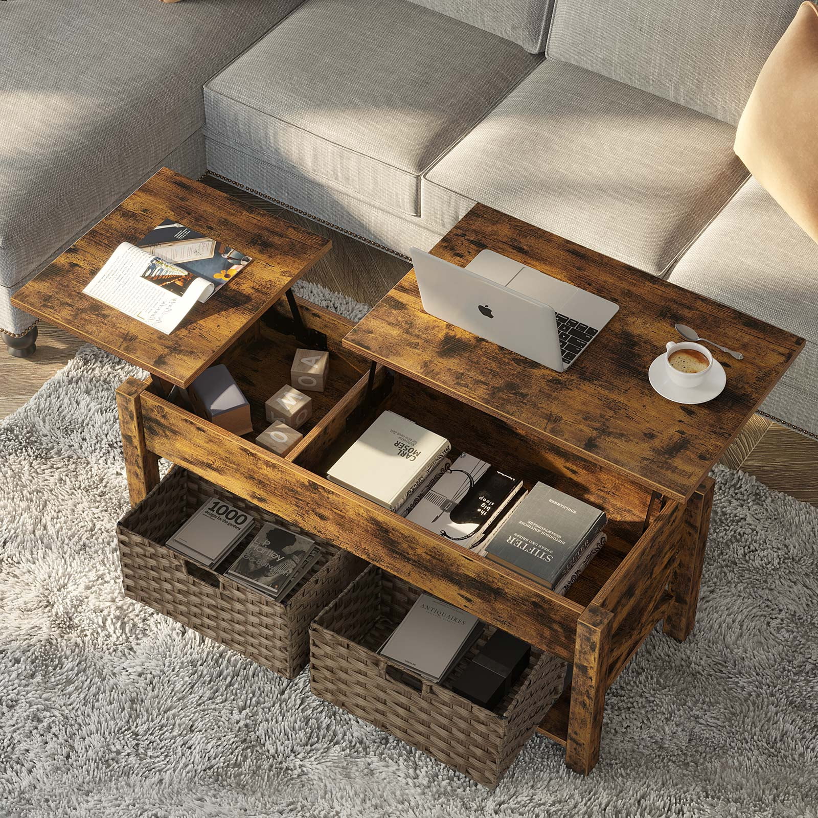 Greenstell Lift Top Coffee Table with Drawer and Hidden Compartment 43.8 Inch, Rustic Brown