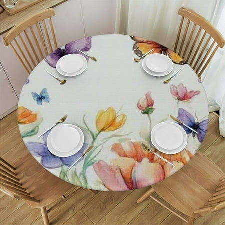 

Patifu Flowers Butterflies Watercolor Round Tablecloth Stain-Resistant Washable Table Cover Ideal for Indoor Outdoor Restaurants Weddings Parties Table Cloth 54 -58