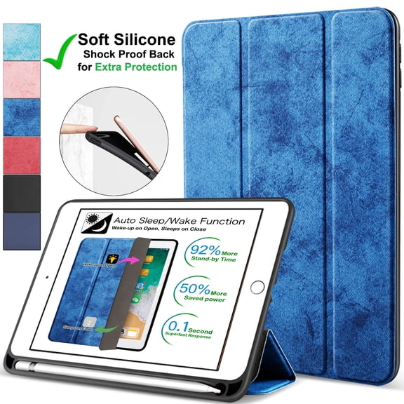 iPad PRO 11 Inch 1st [ PRO 11 2018 1 Gen ] A1980 A1934 A2013 A1979 MTXN2LL/A MTXP2LL/A MTXR2LL/A Smart Magnetic Trifold Pencil Holder Soft Silicone TPU Back Cover - Blue