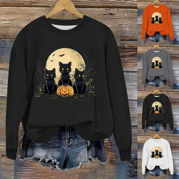 VKOYWKM Halloween Sweatshirt for Women Black Cat Graphic Sweatshirts Oversized Long Sleeve Crew Neck Pullover Vintage 90s Halloween Sweatshirt