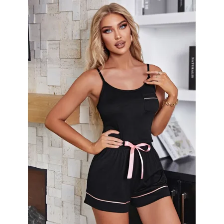 

Women‘s Contrast Piping Bow Front Pajama Set