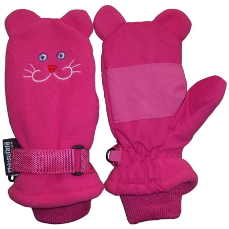 Xcr Womens Mitten - NICE CAPS Little Girls Fuchsia Waterproof and Thinsulate Lined Insulated Kitty Face Winter Snow Mitten - Fits Toddler Children Kids Child Youth Sizes For Cold Weather