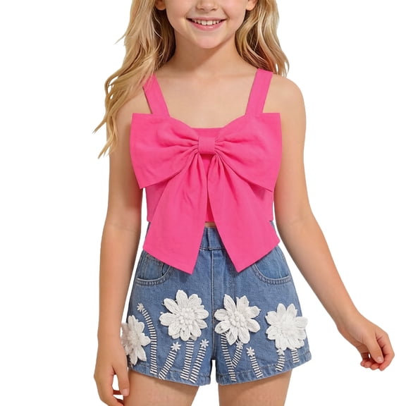 Amidoa Girls 2 Piece Outfits Summer Clothes Cute Tank Top Sleeveless Solid Color T-Shirt and Casual Shorts Kids Clothing Sets Hot Pink Size 4T