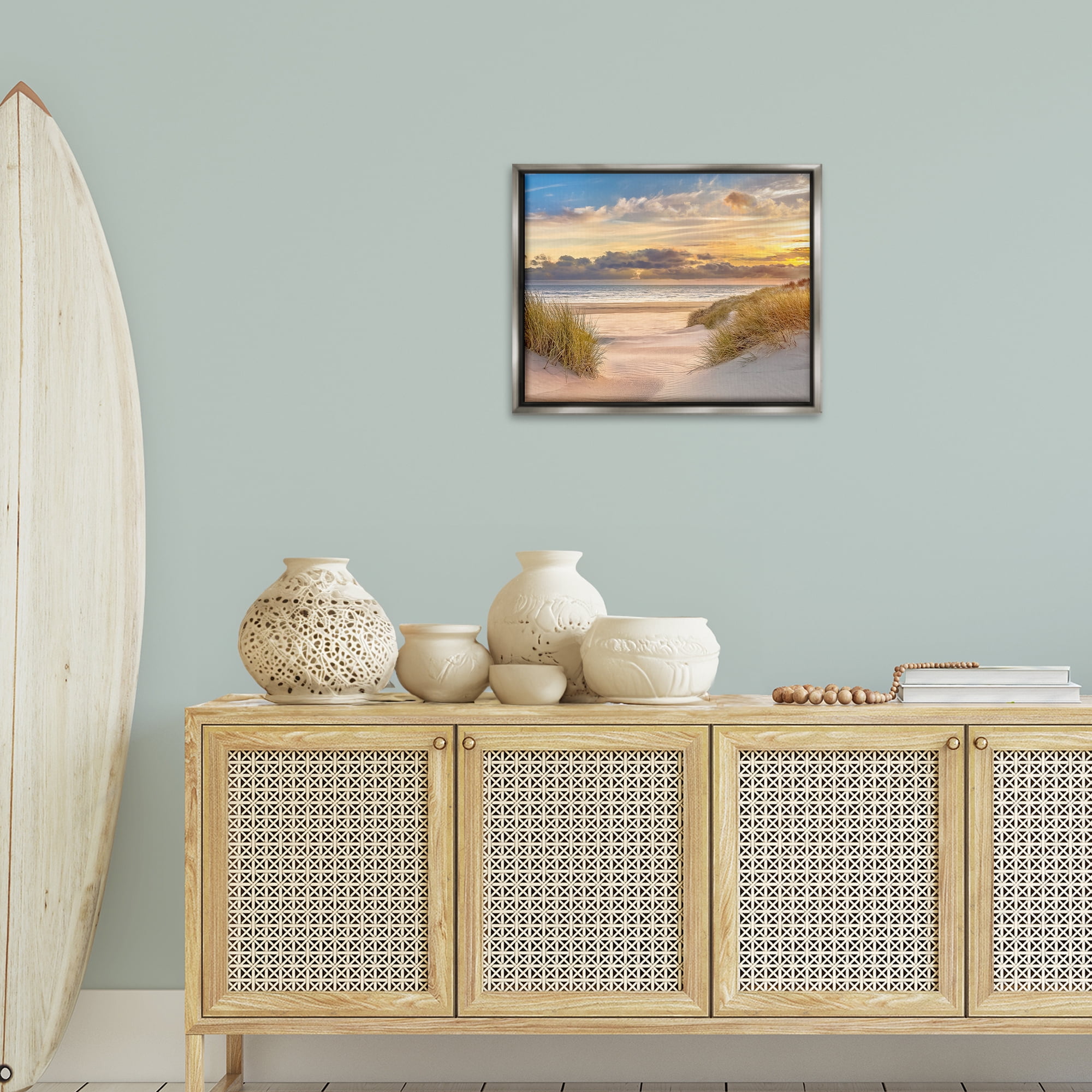 Stupell Industries Serene Beach Between Dunes Landscape & Nature Photography Gray Floater Framed Canvas Art Print Wall Art, 21 x 17