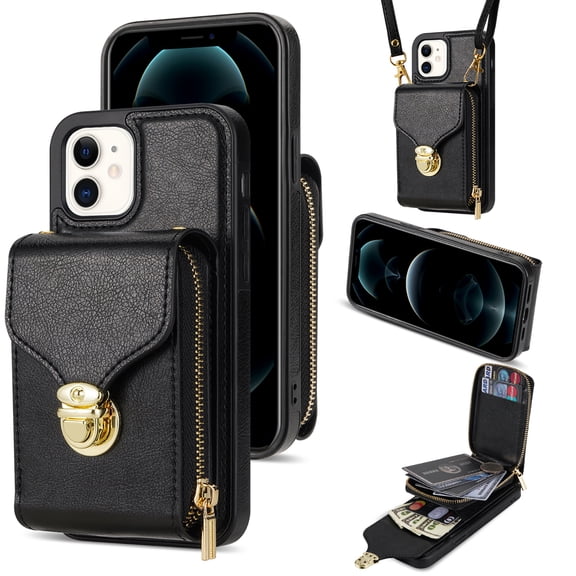 Allytech Wallet Case for iPhone 11, [Large Capacity] Wallet Case with Card Slots & Zipper Pocket, Premium PU Leather Metal Snap Kickstand Shockproof Case with Shoulder Strap, Black