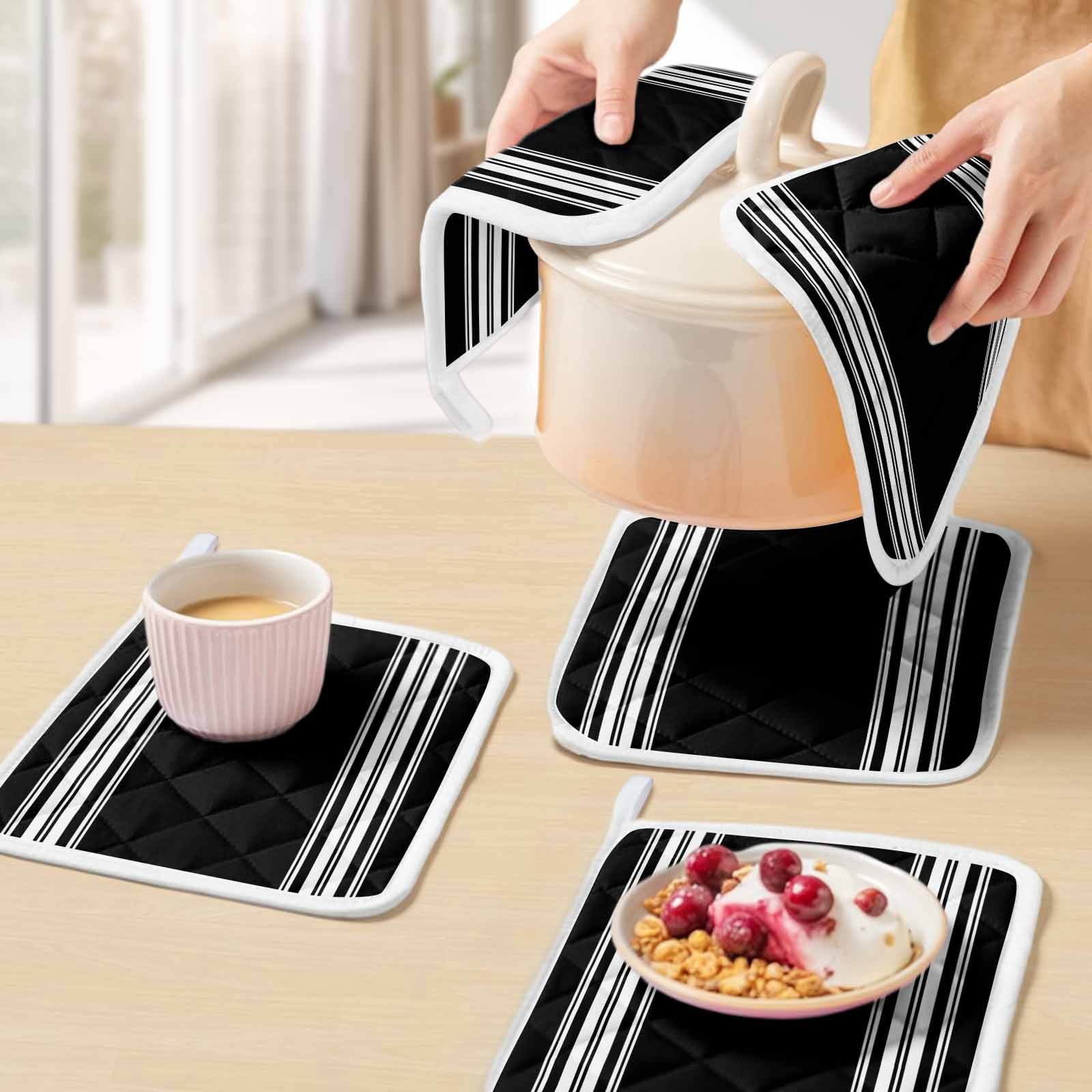 Black Striped Pot Holders for Kitchen Heatproof Potholder, 5 Pack Farmhouse Black White Stripes Hot Pads Multipurpose Oven Pads Cloth Potholders Trivet for Cooking Baking