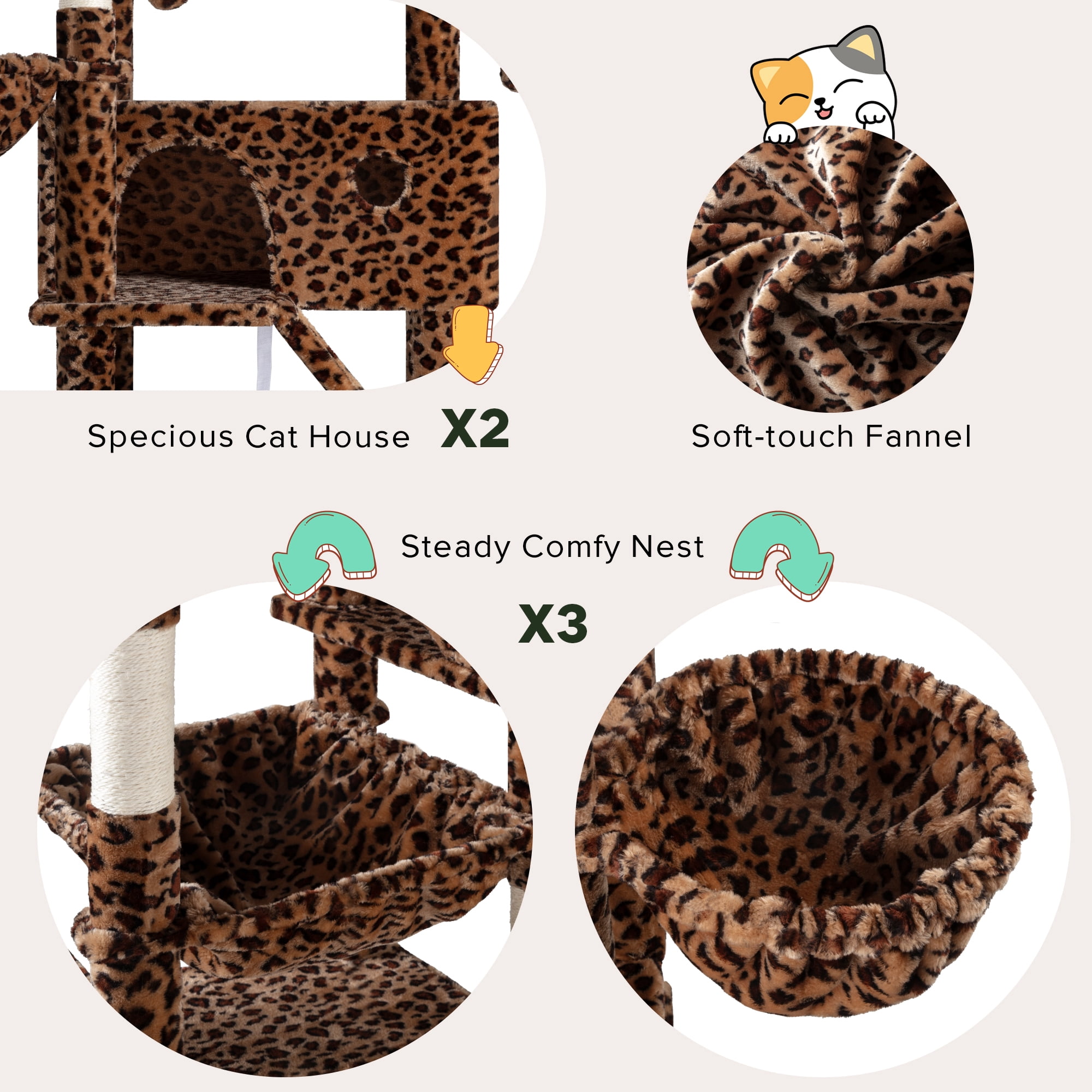 Einfach 81" Multi-Level Tall Cat Tree Tower, Larger Cat Condo with Hammock, Cozy Pussycat Perches, Sisal Scratching Posts, Leopard