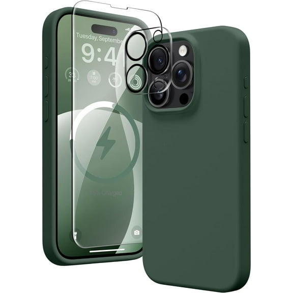 Silicone Case Designed for Apple iPhone 13 Pro Max Liquid Silicone Case, 3 in 1 Bundle Phone Case with Clear Tempered Glass and Camera Lens Shockproof Case for Apple iPhone 13 Pro Max,Green