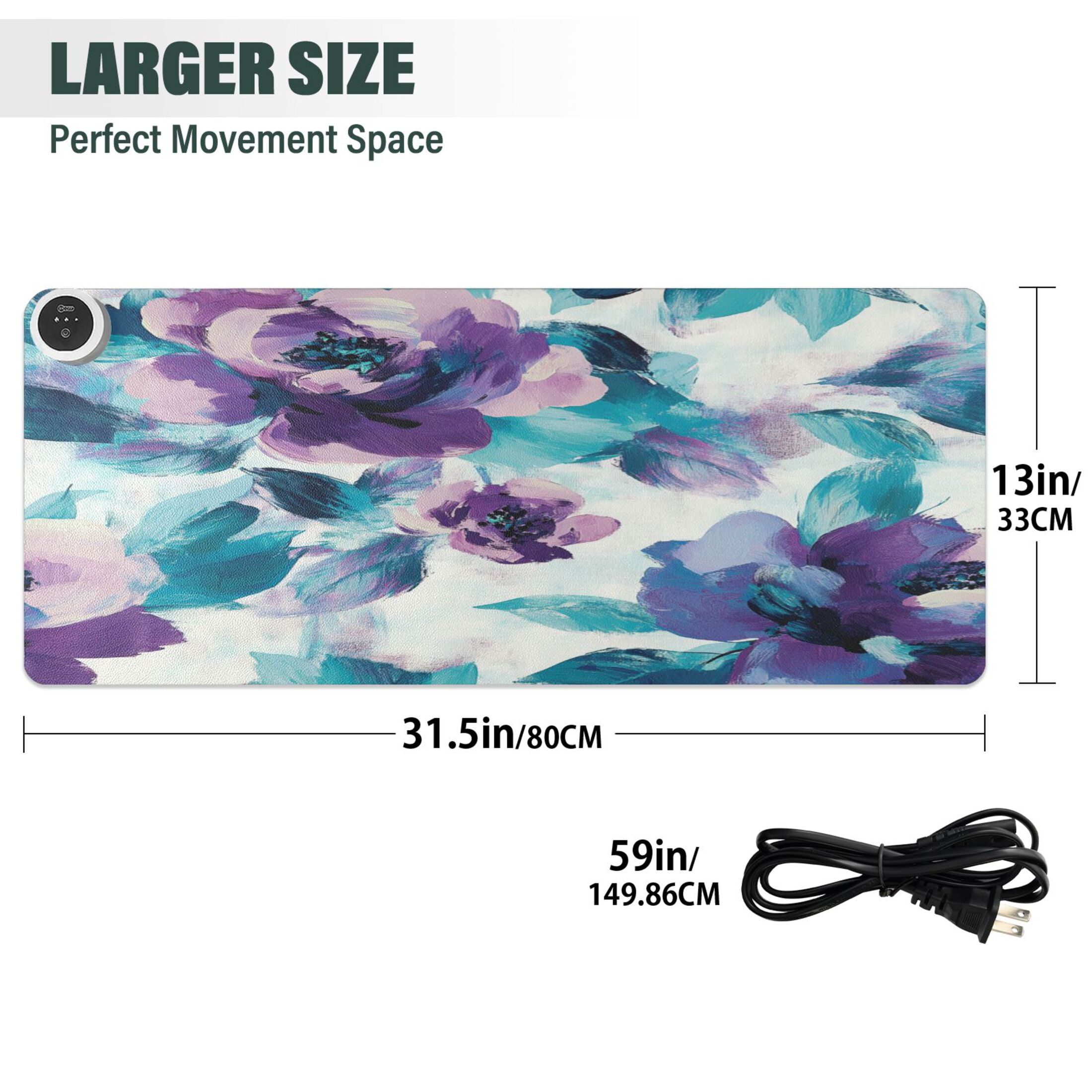 Wobogo Purple Green Flora Heated Mouse Pad Extra-Large Desk Mat With 3 Heating Levels and 3-hour Auto Shut-Off Protection Ideal for Computer Keyboards Home Office Hand-warming Essential 31.5in × 13in