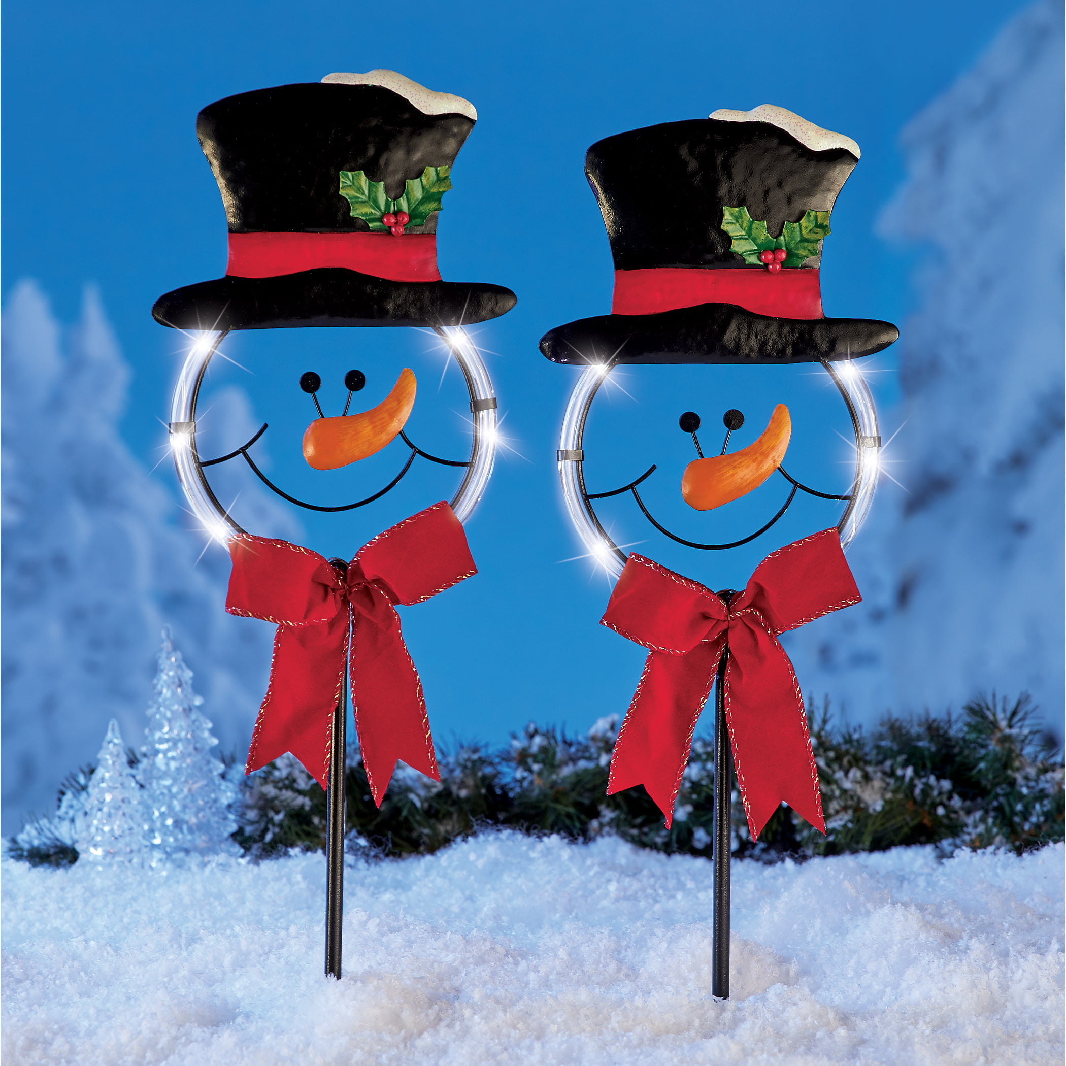 Solar Glowing Snowman Yard Stakes - Set of 2 - Outdoor Holiday ...