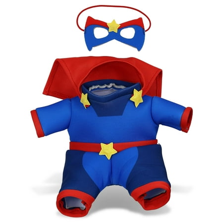 DolliBu Superhero Stuffed Animal Dress Up Set - Blue Super Hero Cape, Suit and Eye Mask Costume - Pretend Play Clothes for Teddy Bears - Small Fits 5 to 7 Inch Plush Toys