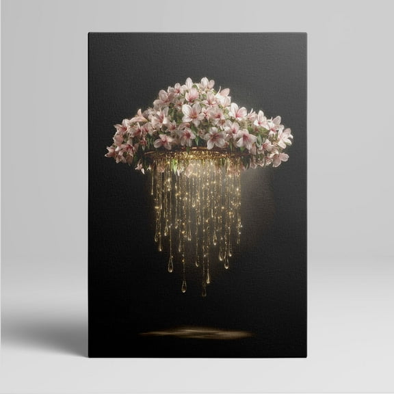 1pc Dreamy Hanging Floral Chandelier - Pink Blooms with Golden Dripping Effect Framed Decor room hanging Wall Picture Decor for Home Gifts, living room, bathroom, bedroom, kitchen wall art decor