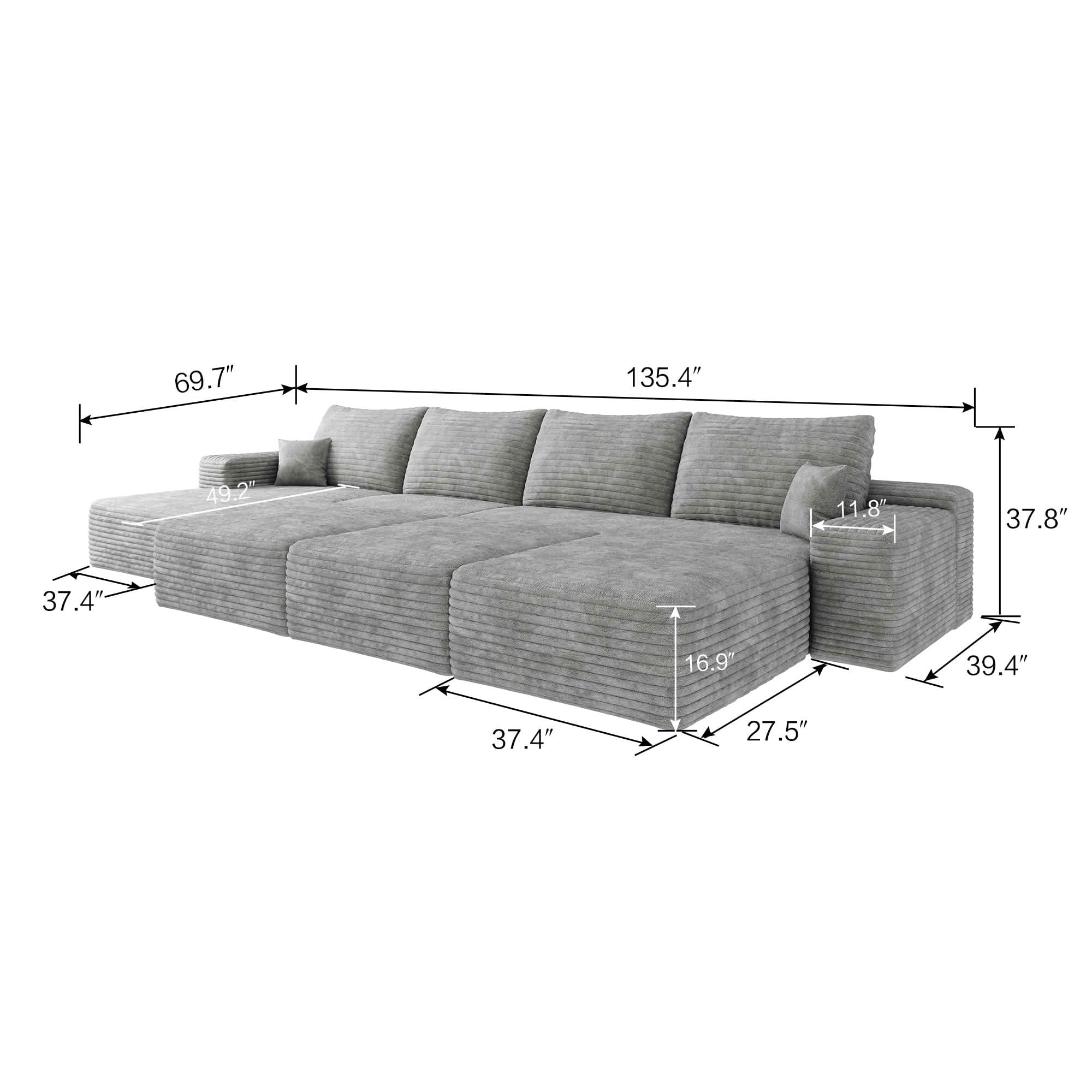 MAYEERTY 135" 6-Seat Modular Cloud Sofa Bed, Large Size Living Room Sofa, Plush Corduroy Fabric, No Assembly Required, Gray