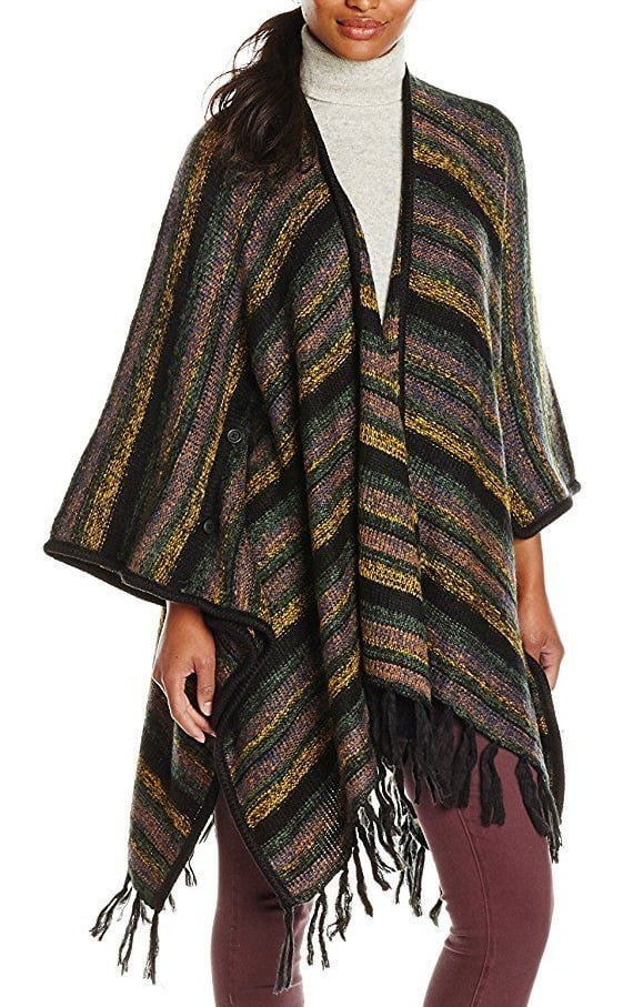 Kensie NEW Black Womens One Size Colorblock Fringe-Trim Poncho Sweater -  Walmart.com