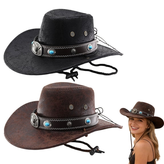 Lispipm Mens and Womens Western Cowboy Hats Summer Studded Pinched Wide Brim Fedoras Sun Hat with Adjustable Strap Black