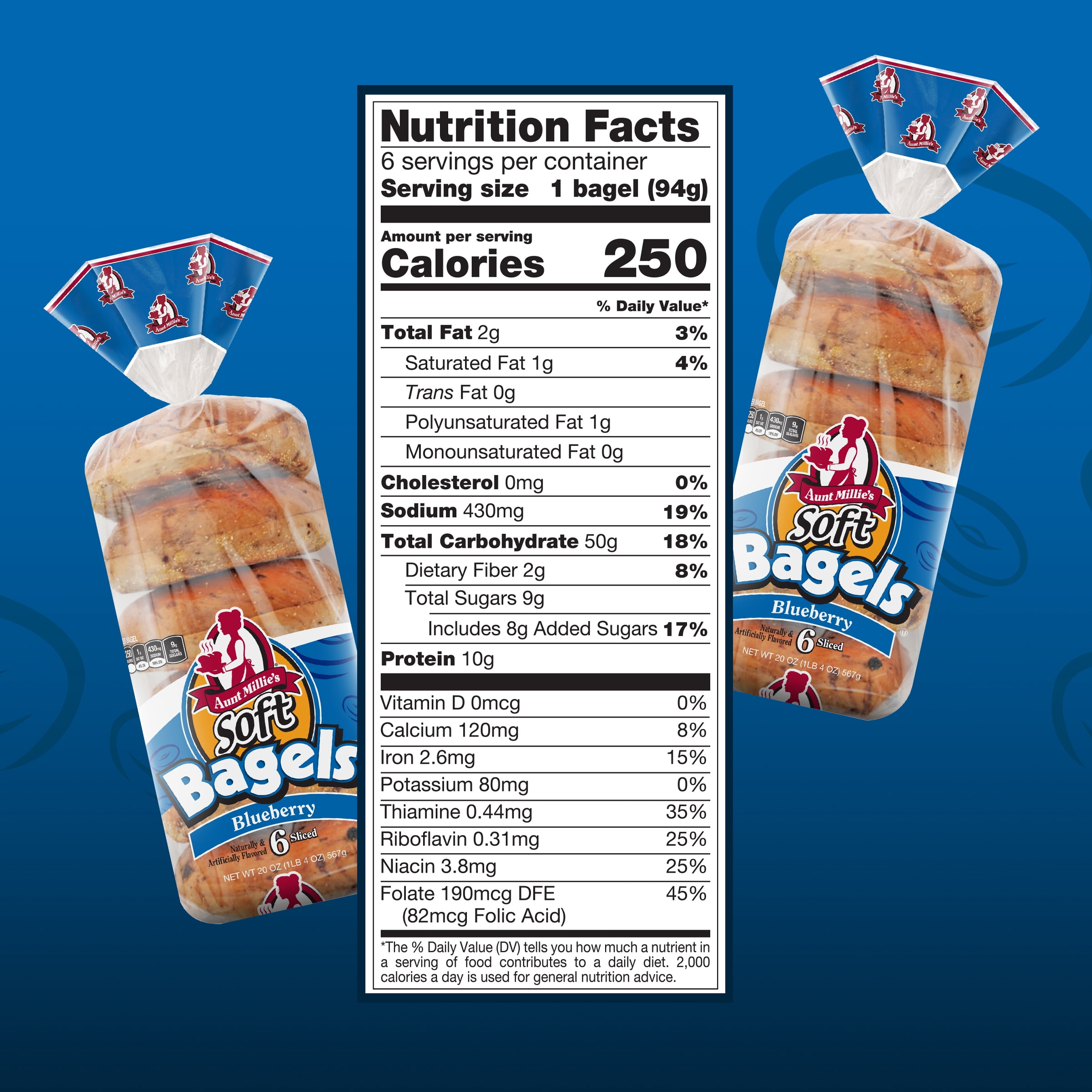Aunt Millie's Blueberry Soft Bagels, 20 oz, 6 Count