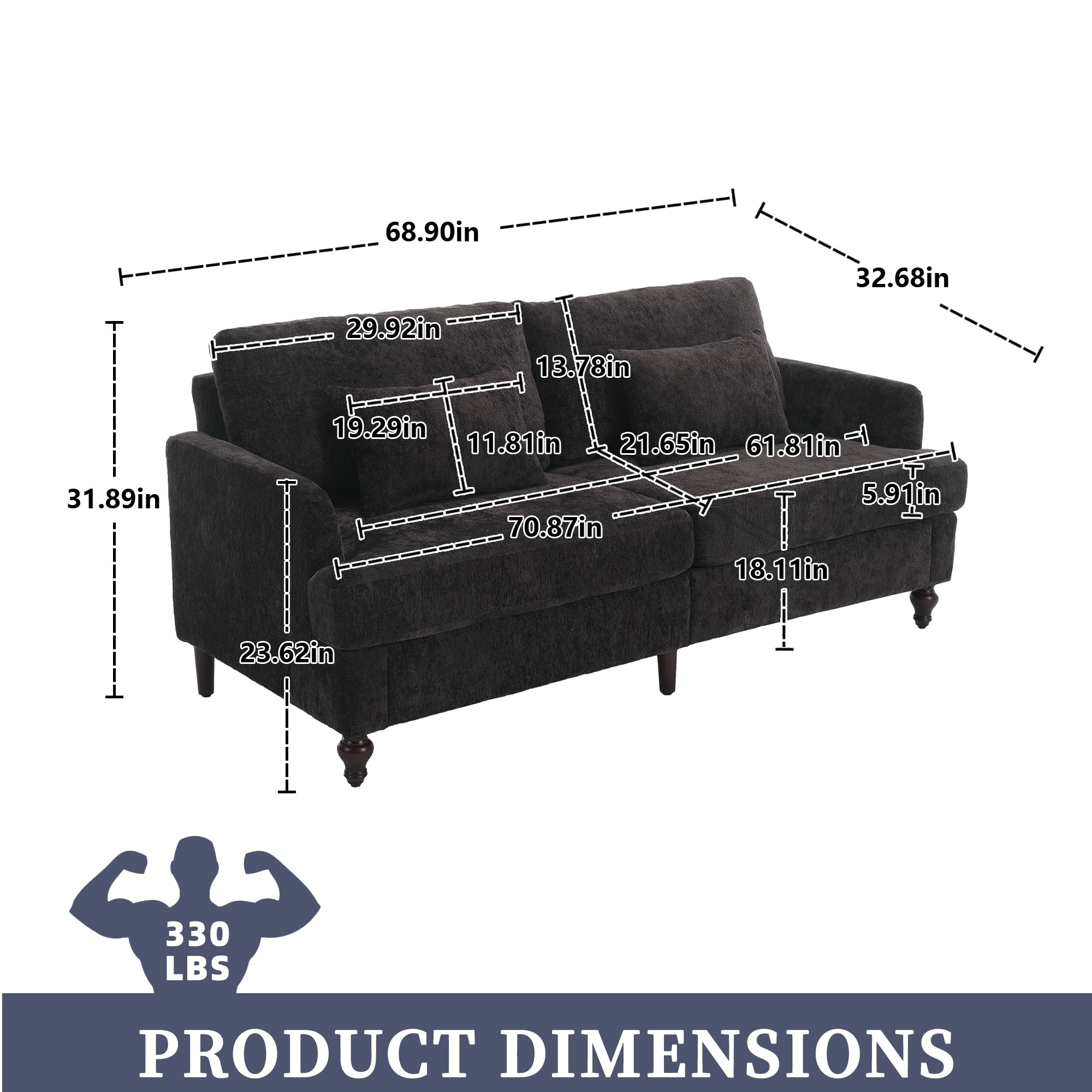 MOONMISS Chenille Upholstered Mid Century Modern Wood Frame Loveseat-Black