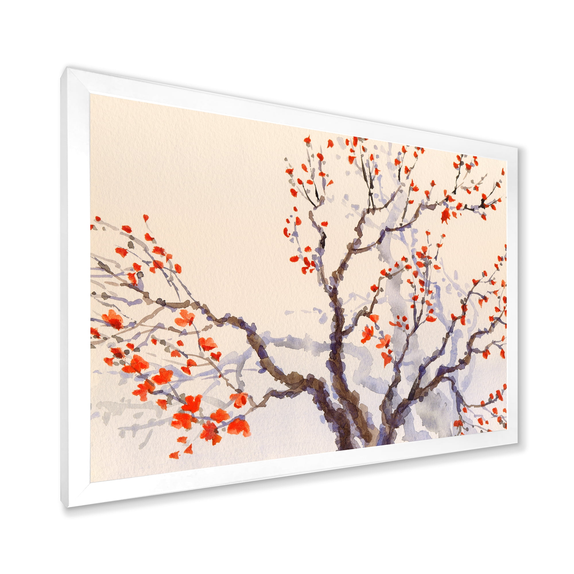 Buds and Red Flowers On The Spring Blossoming Tree 40 in x 30 in Framed Painting Canvas Art Print, by Designart