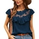 thumbnail image 1 of Blusa azul oscuro con volantes, cuello redondo, mangas cortas, detalle de encaje, top casual para mujer, talla L Summer Chic, 1 of 6
