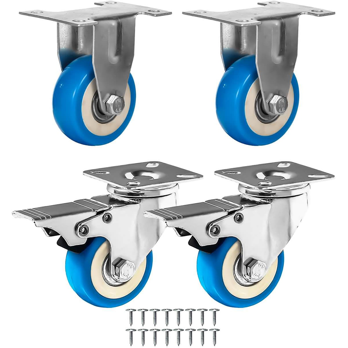 4 Pack 3 Caster Wheels Swivel 360 Degree 2 with Brake Swivel and 2 Rigid Non Swivel Fixed Stationery Combo On Red Polyurethane Wheels with Hardware