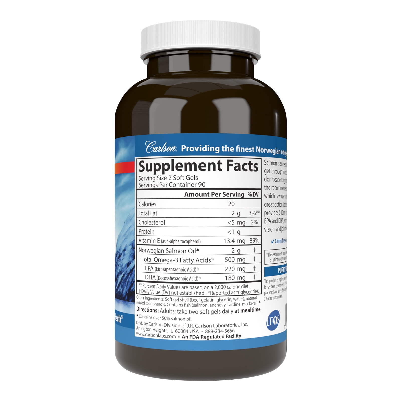 Carlson - Norwegian Salmon Oil, 500 mg Omega-3s, Norwegian, Wild Caught, Sustainably Sourced, 180 Softgels