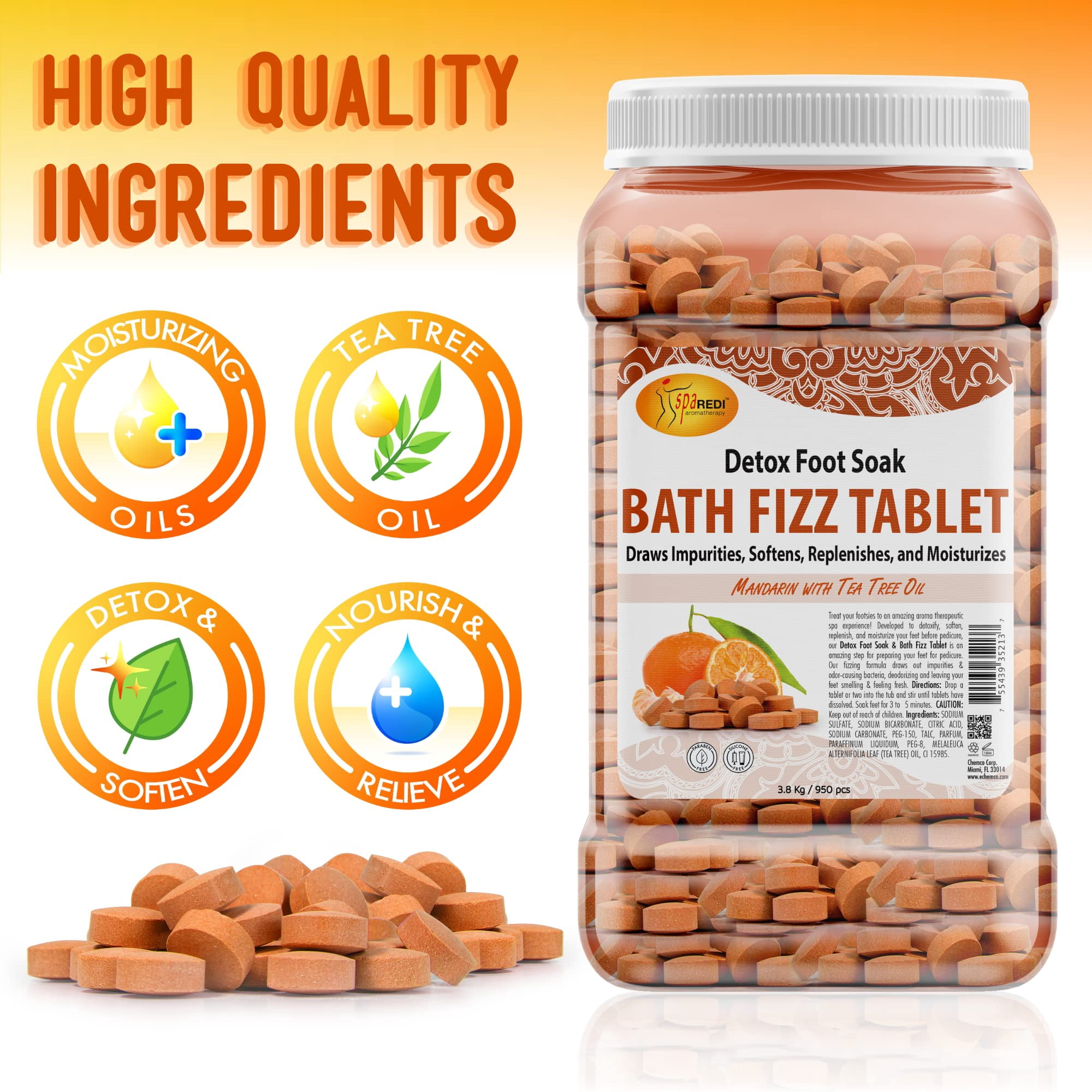 SPA REDI - Bath Fizz 950 Tablets, Mandarin, Uplifting Aroma, 128oz