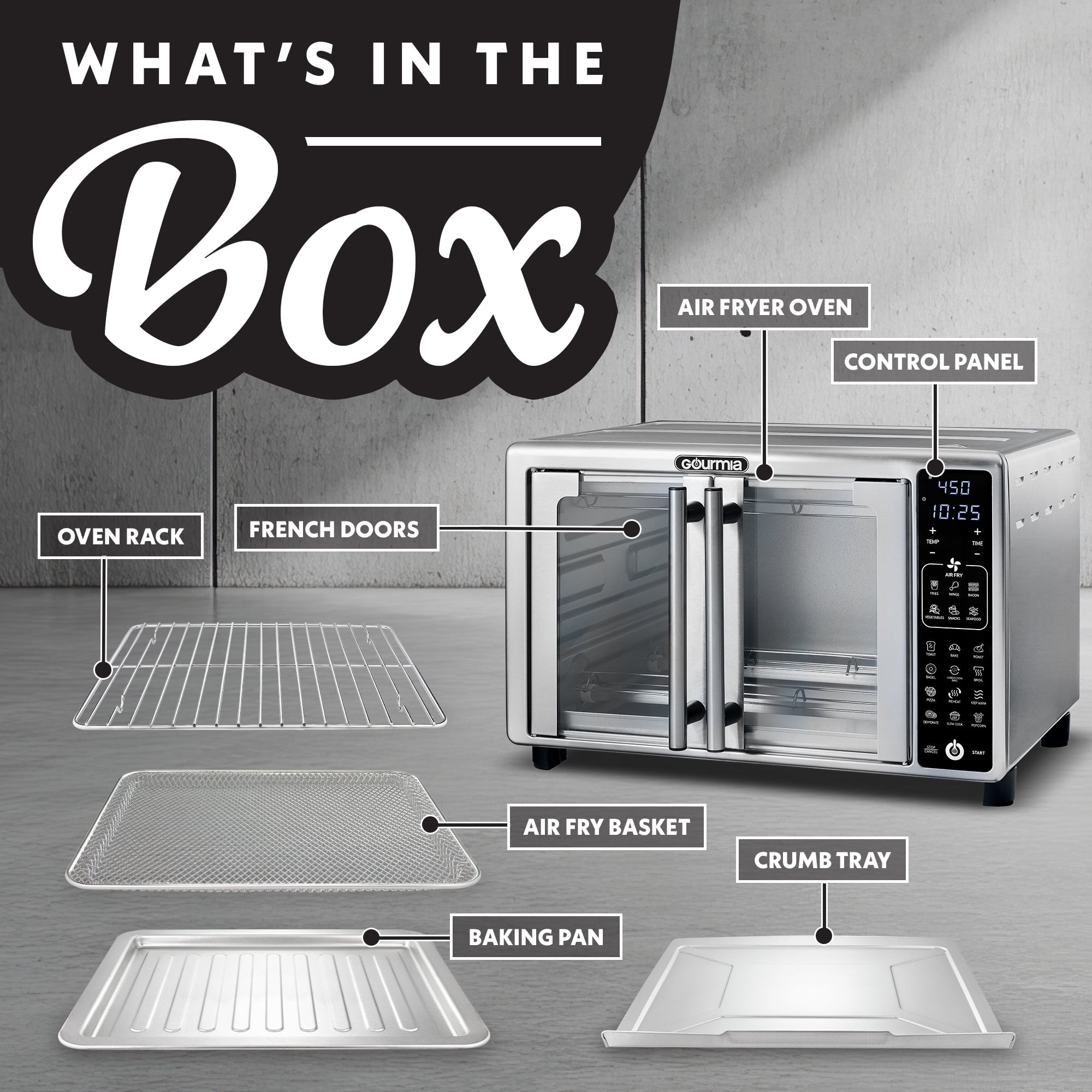 Open Box Gourmia French Door 6-Slice Digital Toaster Oven Air Fryer, 19 One-Touch Presets, 24L, Stainless Steel