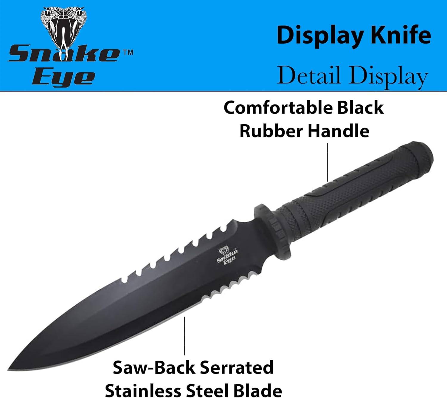 Snake Eye Tactical 15" Fixed Blade Hunting Knife - 9" Half Serrated Sawback Stainless Steel Blade w/ Nylon Sheath