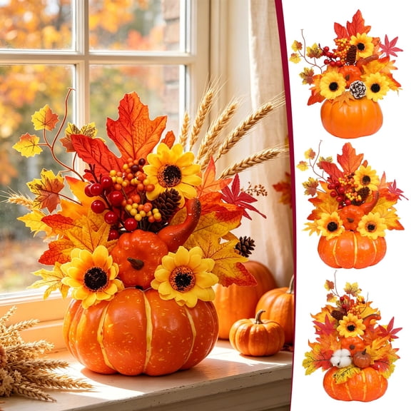 Artificial Sunflower and Pumpkin Table Decor, Realistic Faux Floral Pumpkin Ornament, Fall Desktop Centerpiece, Seasonal Autumn Home Dining Table Mantel Decoration, C