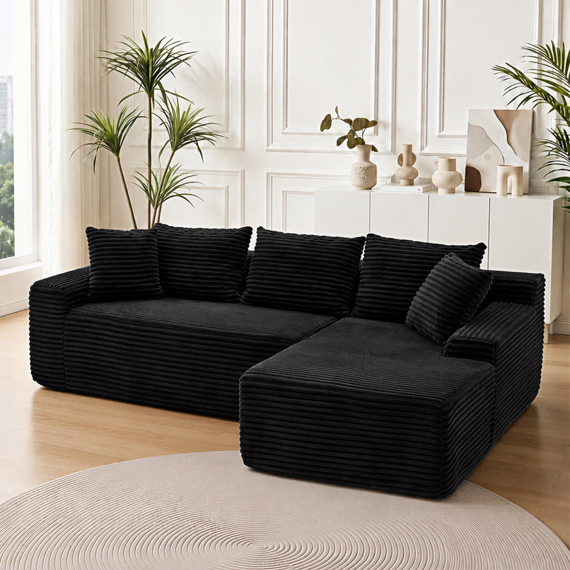 Leumius 95" Boneless Modular Sectional Sofa with Chaise,L-Shaped Comfy Corduroy Couch with Deep Seat,Upholstered Sectional Couch for Living Room, No Assembly,Black